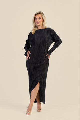 Curve Ruched Front Long Sleeve Black Plisse Midaxi Dress