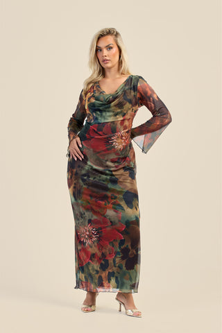 Curve abstract floral cowl neck long sleeve mesh maxi dress