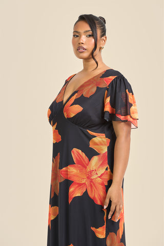 Curve Flutter Sleeve Bold Floral Midi Dress