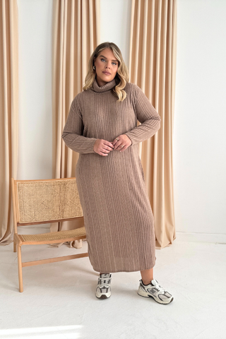 Curve knitted rib roll neck midaxi jumper dress in camel