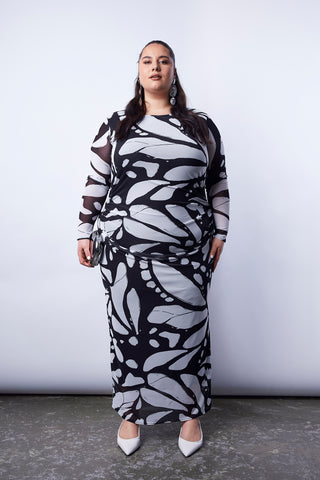 Mesh long sleeve ruched midaxi dress in butterfly abstract