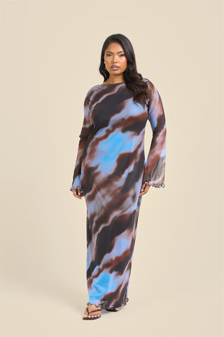Curve Blue Abstract Print Flare Sleeve Mesh Maxi Dress