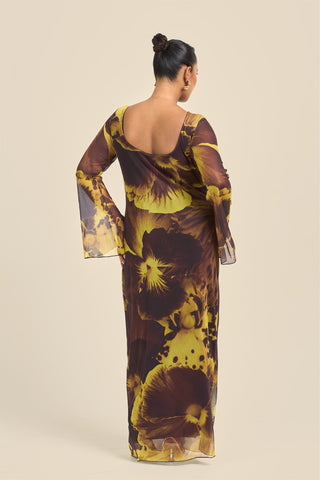 Curve Flare Sleeve Bold Floral Mesh Maxi Dress
