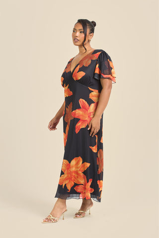 Curve Flutter Sleeve Bold Floral Midi Dress