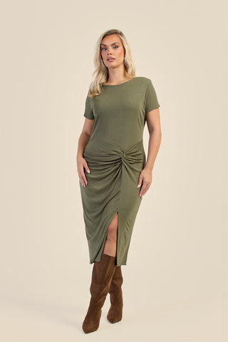 Curve Textured Knit Knotted Front Midi Dress