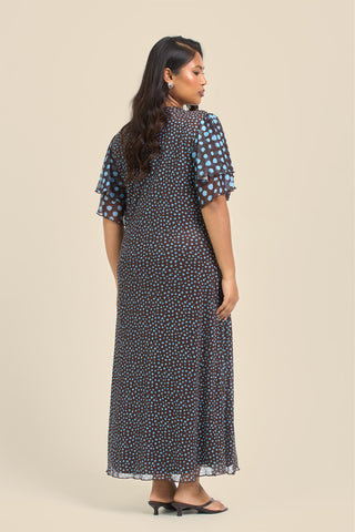 Curve Flutter Sleeve Mixed Polka Dot Midi Dress