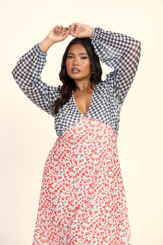 Curve Floral And Gingham Balloon Sleeve Midi Dress