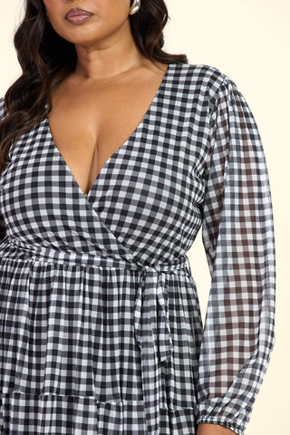 Curve Gingham Print Wrap Tie Belt Tiered Maxi Dress