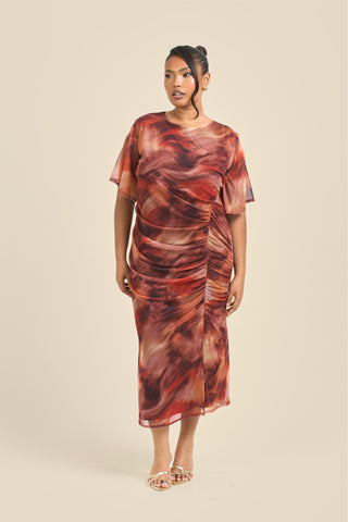 Curve angel sleeve abstract mesh midi dress