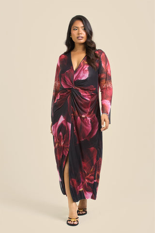 Curve Twist front large floral burgundy mesh midi dress