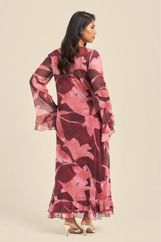 Curve Burgundy Abstract Ruffle Swing Style Maxi Dress