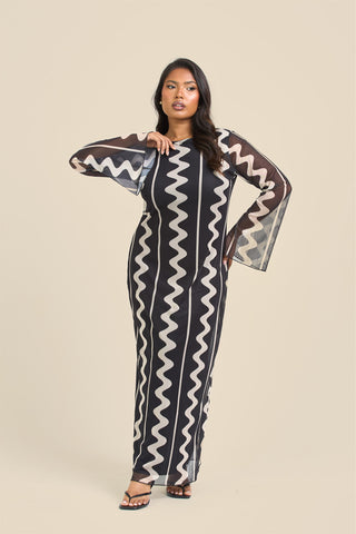 Curve mono print mesh flare sleeve maxi dress