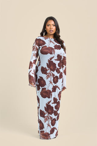 Curve Flare Sleeve Floral Print Mesh Maxi Dress