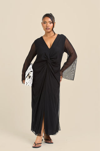 Curve Twist Front Flare Sleeve Black Mesh Midi Dress