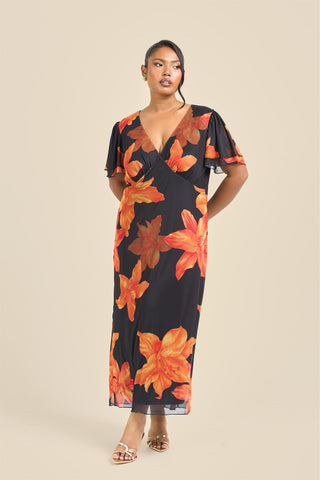 Curve Flutter Sleeve Bold Floral Midi Dress