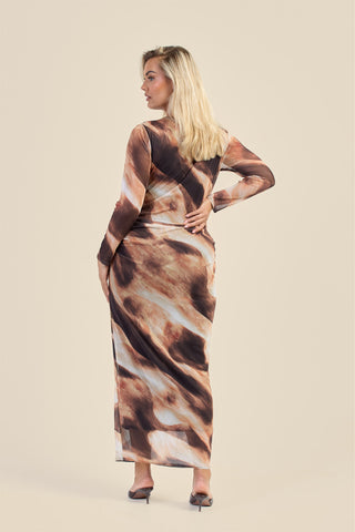 Curve long sleeve mesh abstract print midaxi print
