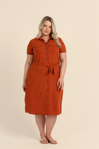 Curve Button Front Belted Shirt Dress