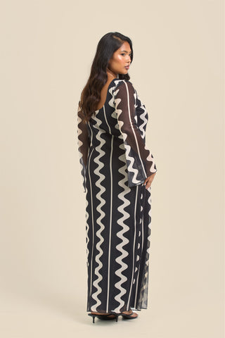 Curve mono print mesh flare sleeve maxi dress