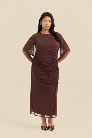 Plus Size Ruched Angel Sleeve Midi Dress