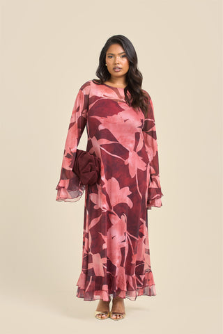 Curve Burgundy Abstract Ruffle Swing Style Maxi Dress