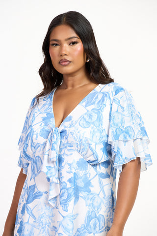 Curve Blue Floral Flutter Sleeve Tie Front Mini Skater Dress
