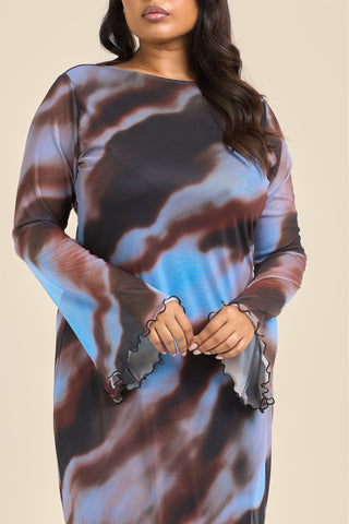 Curve Blue Abstract Print Flare Sleeve Mesh Maxi Dress