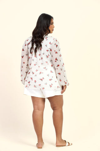 Curve Ditsy Print Wrap Balloon Sleeve Mesh Blouse