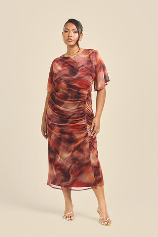 Curve angel sleeve abstract mesh midi dress