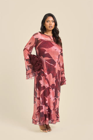 Curve Burgundy Abstract Ruffle Swing Style Maxi Dress
