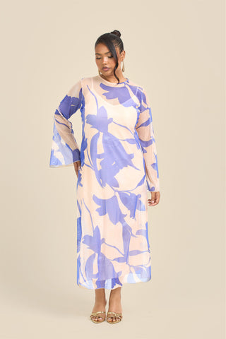 Curve Swing Style Floral Abstract Mesh Midaxi Dress