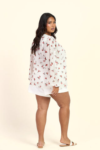 Curve Ditsy Print Wrap Balloon Sleeve Mesh Blouse