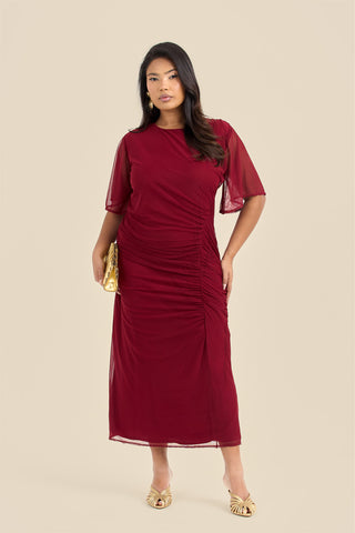Plus Size Ruched Mesh Angel Sleeve Midaxi Dress