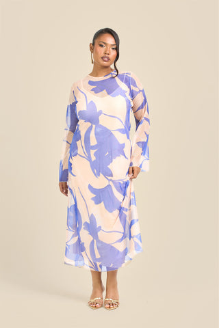 Curve Swing Style Floral Abstract Mesh Midaxi Dress