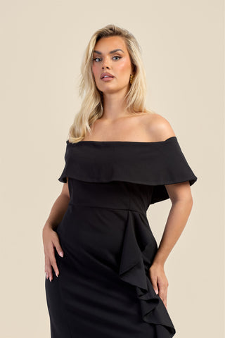 Curve Bardot Fold Over Scuba Crepe Ruffle Midaxi Dress