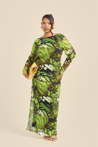 Curve Abstract Print Ruched Mesh Midaxi Dress