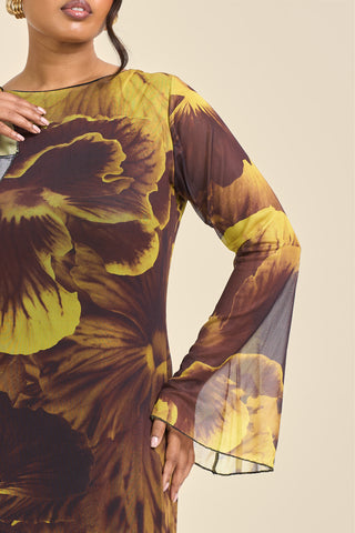 Curve Flare Sleeve Bold Floral Mesh Maxi Dress