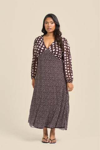 Curve Chocolate Polka Dot Balloon Sleeve Mesh Midi Dress