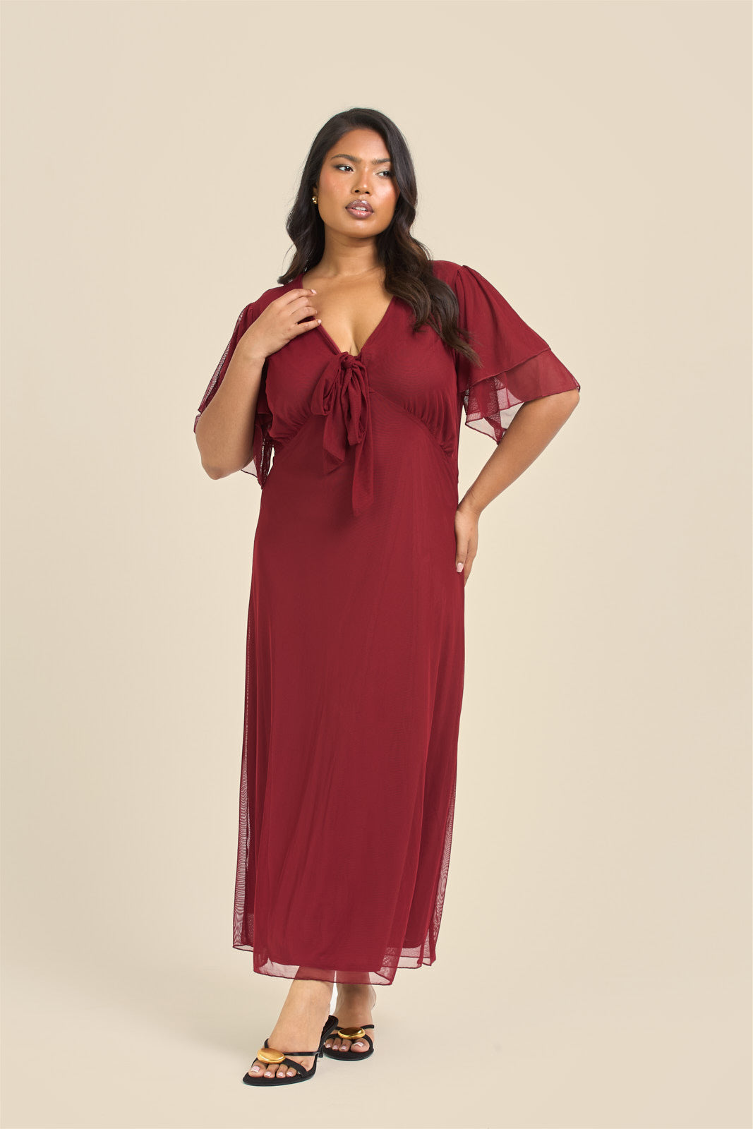 Plus Size Burgundy Flutter Sleeve Mesh Tie Front Midi Dress – Fashion//SZN