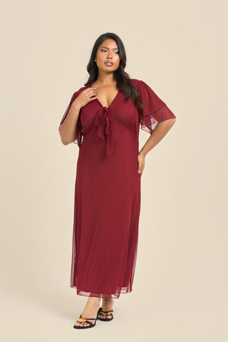 Curve Flutter Sleeve Burgundy Mesh Tie Front Midi Dress