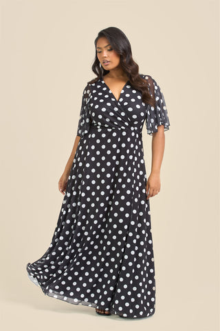 Curve Angel Sleeve Wrap Front Polka Dot Maxi Dress
