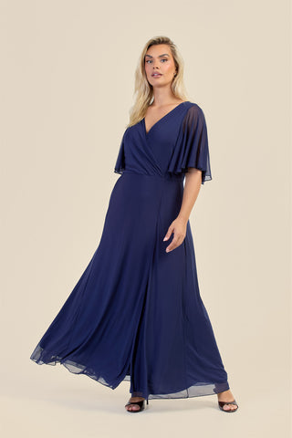 Curve Wrap Front Angel Sleeve Mesh Maxi Dress