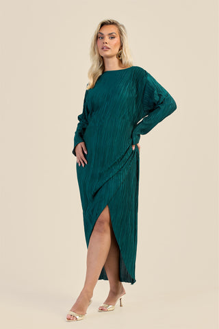 Curve Plisse Ruched Front Emerald Green Midaxi Dress