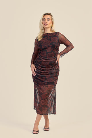 Curve Autumn Rose Ruched Mesh Midaxi Dress