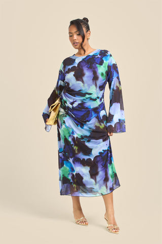 Curve Flare Sleeve Round Neck Printed Mesh Dress
