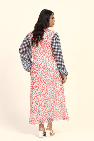 Curve Floral And Gingham Balloon Sleeve Midi Dress