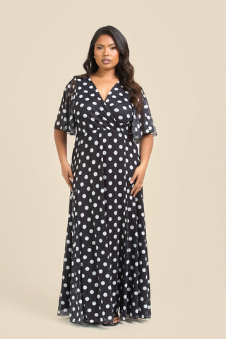 Curve Angel Sleeve Wrap Front Polka Dot Maxi Dress