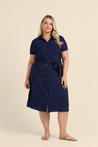 Curve Button Front Belted Shirt Dress