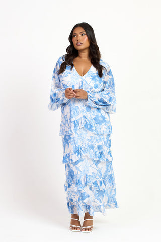 Curve Blue Floral Print Ruffle Balloon Sleeve Maxi Dress