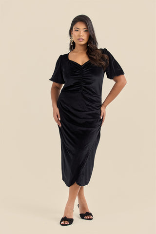 Plus Size Black Velvet Puff Sleeve Ruched Midi Dress