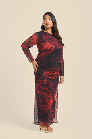 Curve rose print ruched midaxi dress
